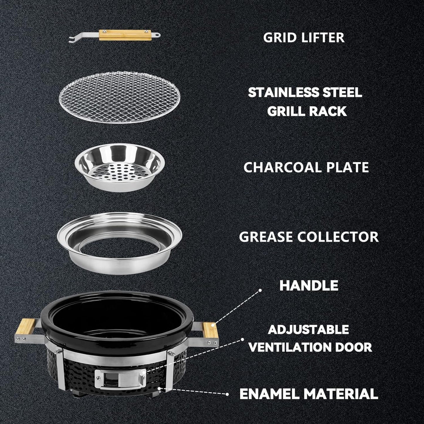 ONLYFIRE GRILLS Ceramic Hibachi Charcoal Grill with Grid Lifter, 14" Portable BBQ Yakitori Grill with Stainless Steel Grate for Outdoor Patio Backyard Barbecue Cooking, GS305