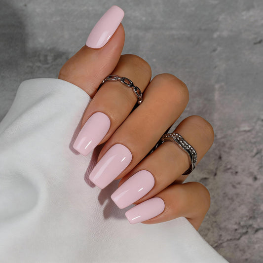 KQueenest Dusty Pink Press On Nails Long Square - Spring Press On Nails Medium Coffin, Soft Pastel Pink Fake Nails with Glue, Glossy Opaque, Reusable Soft Gel Glue on Nails for Manicure Gift, 24 Pcs