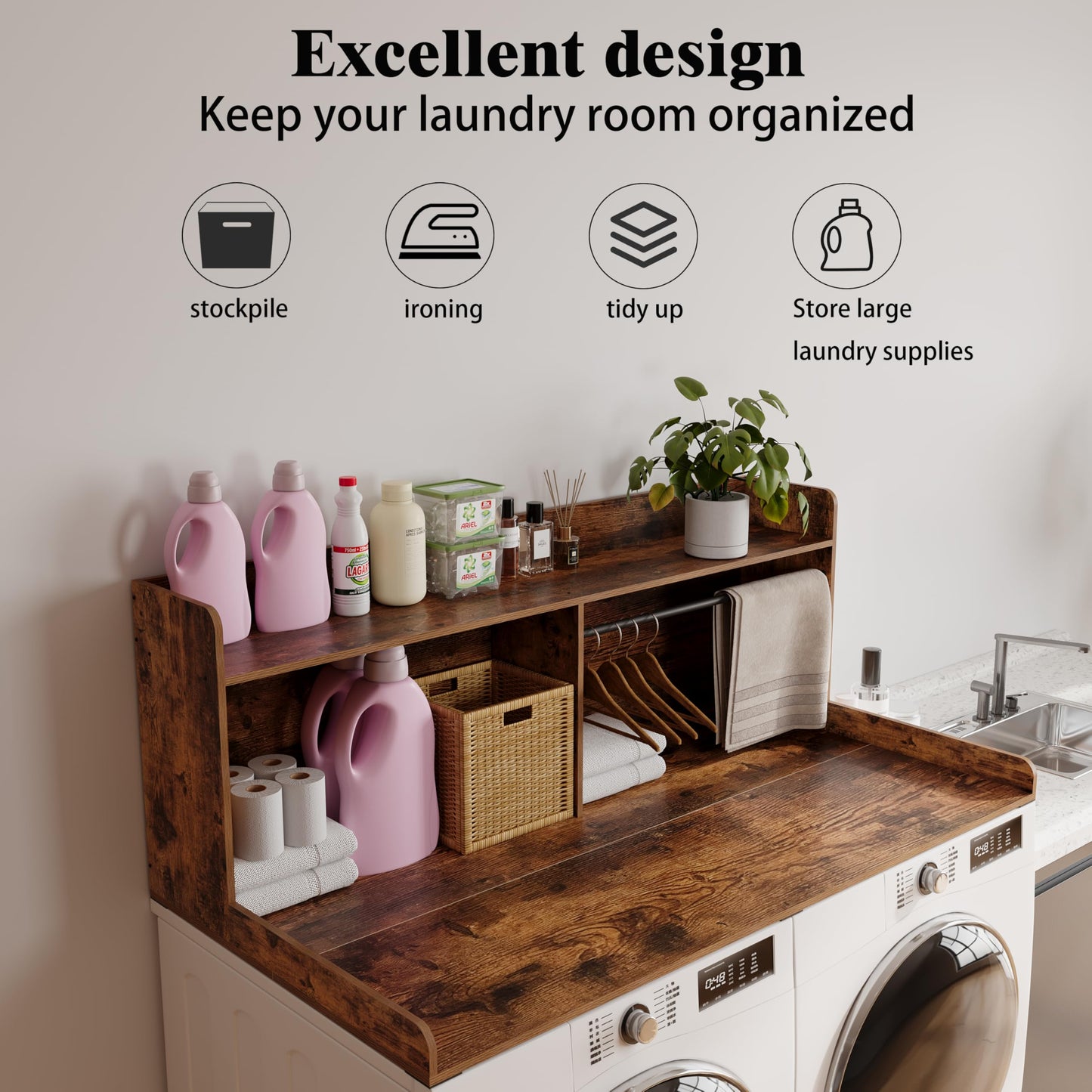 Unionly 2-Tier Washer Dryer Countertop with Clothes Rail，Laundry Topper with Edge and Non-Slip Pad for Washer and Dryer Laundry Hamper Counter Storage Organization (Rustic Brown, Full)