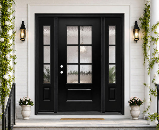 Front Entry Door with 12 in. Sidelite, 64 x 80 Smooth Textured Black Fiberglass Entry Door with Hammered Glass Classical Design (64 in. × 80 in.,Right-Hand Inswing)