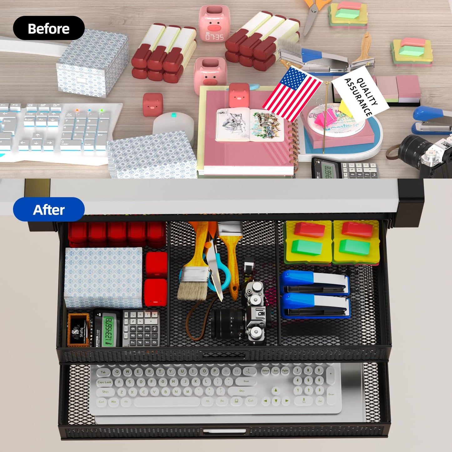 SRJZMLY Under Desk Drawer Organizer No Drill Metal Under Desk Storage Drawer Container 2 Slide Out Cabinet Drawer Suitable for Home And Office (Extra Large)