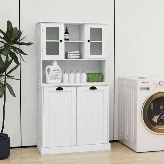 agnixnaf Two-Compartment Tilt-Out Dirty Laundry Basket Tall Bathroom Cabinet with 2 Adjustable Shelves-White