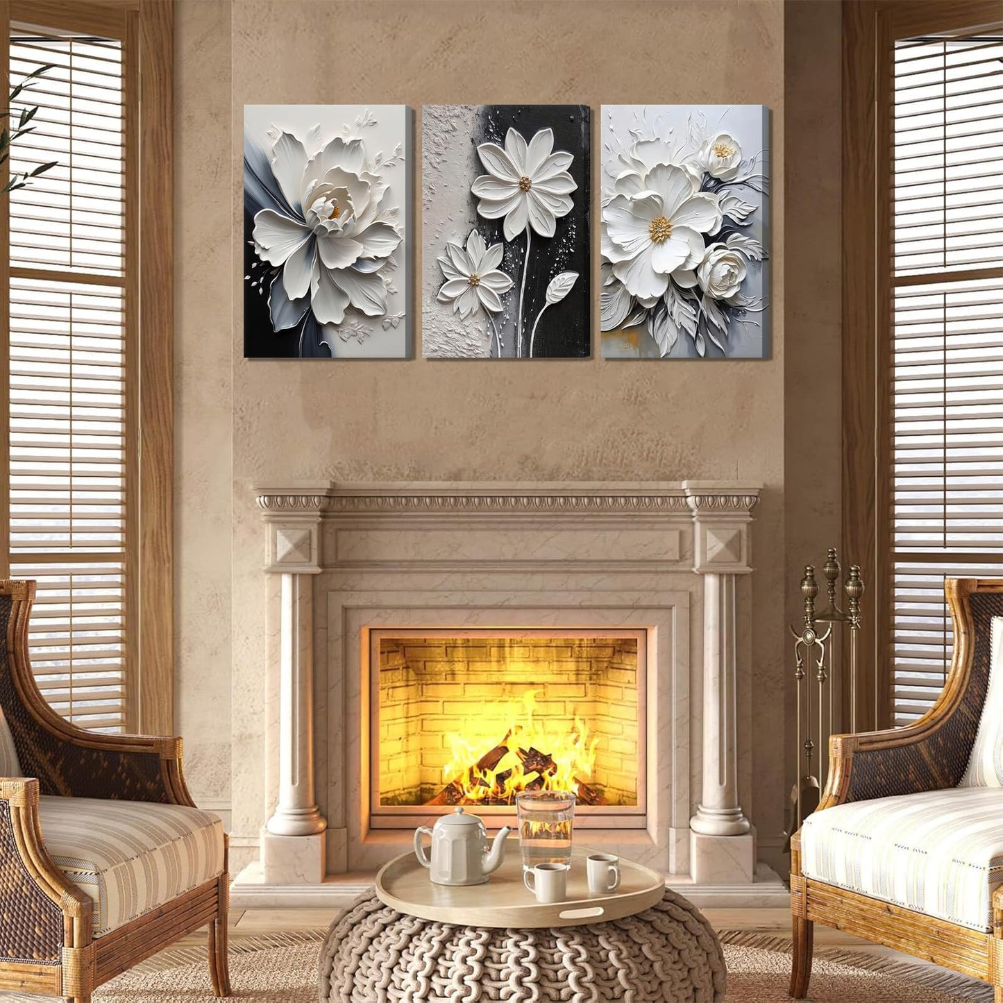 3Pcs Modern Abstract Floral Canvas Wall Art White and Black Flowers Wall Decor Pictures Elegant Daisy Poster Print Paintings for Office Living Room Bedroom Bathroom Home Decoration 12"x16"