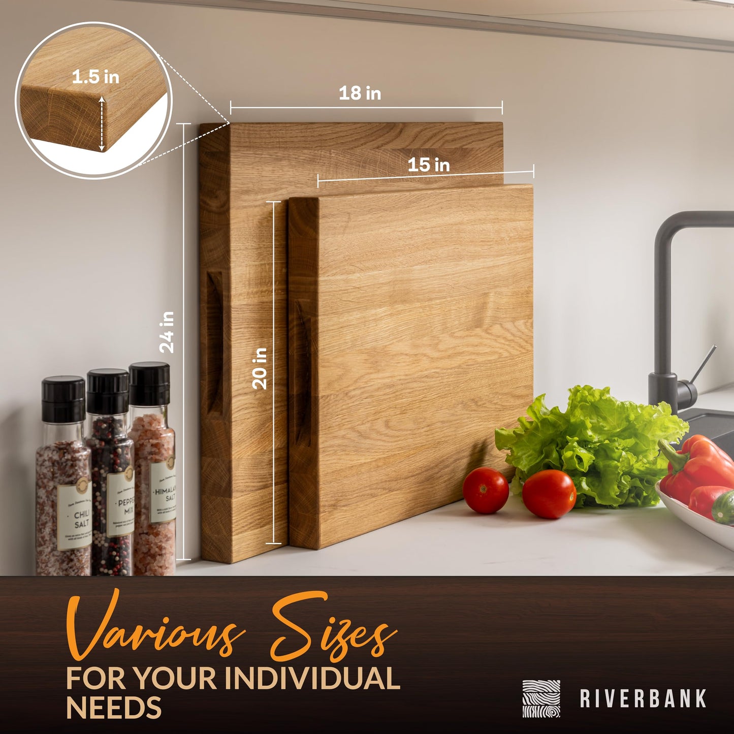 Riverbank Solid Wood Oak Butcher Block Cutting Board in Extra Large XL Size 20"x15"x1.5", Reversible Wooden Chopping Board with Handles, Gift Box Included