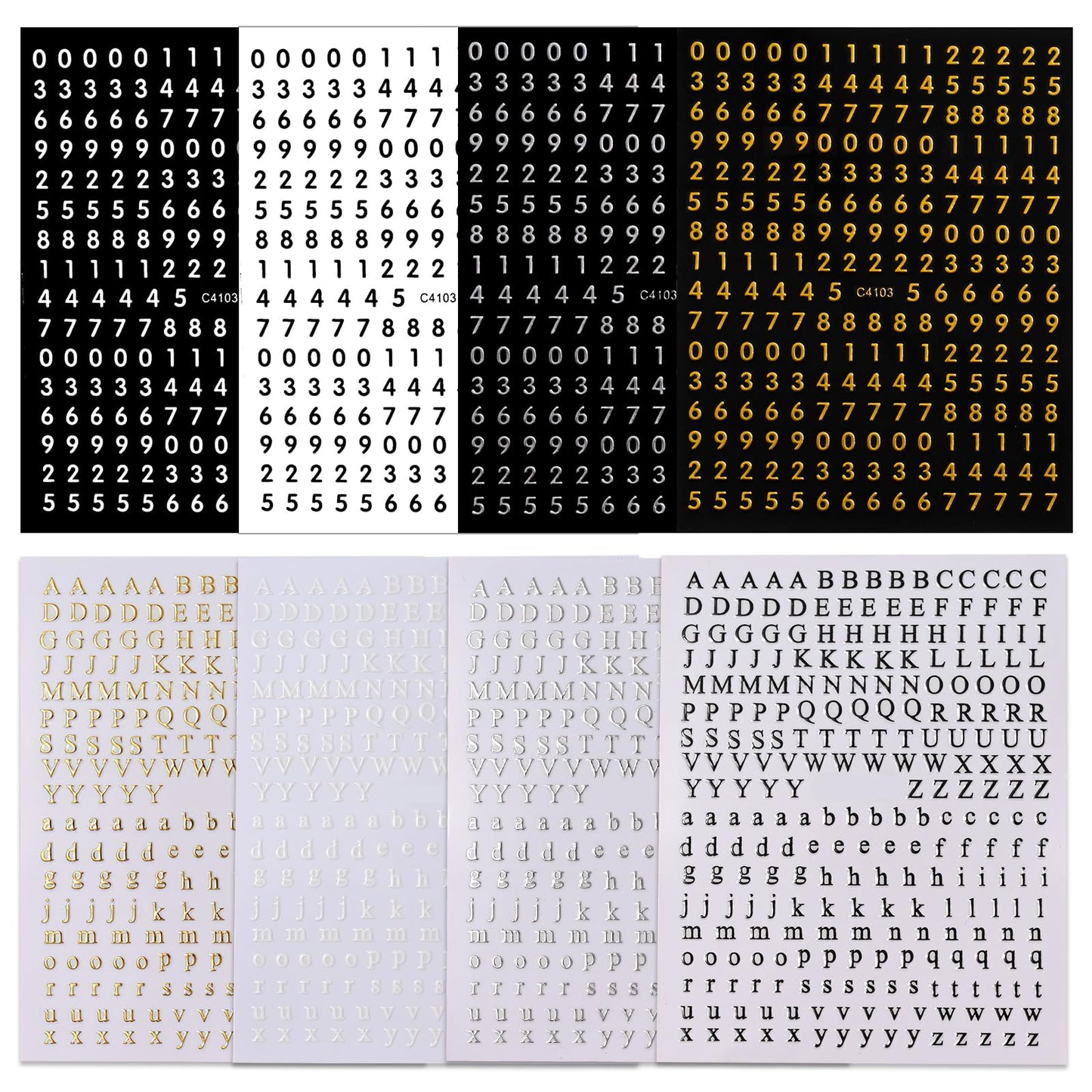 ROFIBUT Letters Nail Art Stickers Alphabet Numbers Nail Decals 3D Self-Adhesive Gold Silver Nail Supplies Nail Art Design English Character Nail Sticker for Women Girls Manicure Nail Decor 8 Sheets