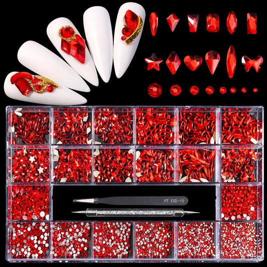 Yzzseven 12 Types of Red 600 Diamonds + 2500 Flat Rhinestones Mix 20 Styles Flatback DIY Crafts Rhinestone Crystals 3D Decorations Flat Back Stones Set +Tweezers + Drill Pen