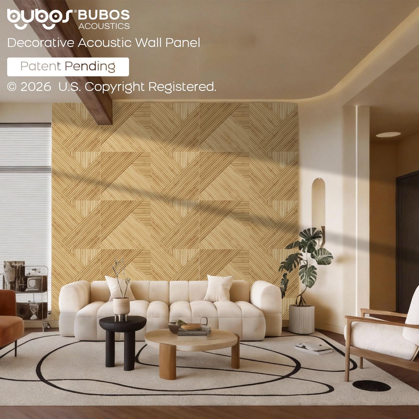 BUBOS 6 Pack Acoustic Wall Panels - High-Density Polyester Sound Absorbing Panels, Decorative Wood Print Treatment for Recording Studio & Home Office, Peel and Stick, 23.6" x 23.6"