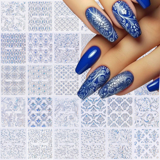 WEIXIWUYU Laser Silver Hollow Retro Floral Vine Nail Art Stickers Laser Silver Lace Design Nail Supplies 3D Self-Adhesive Nail Stickers for Women Girls DIY Manicure Slider Decorations 30 Sheets