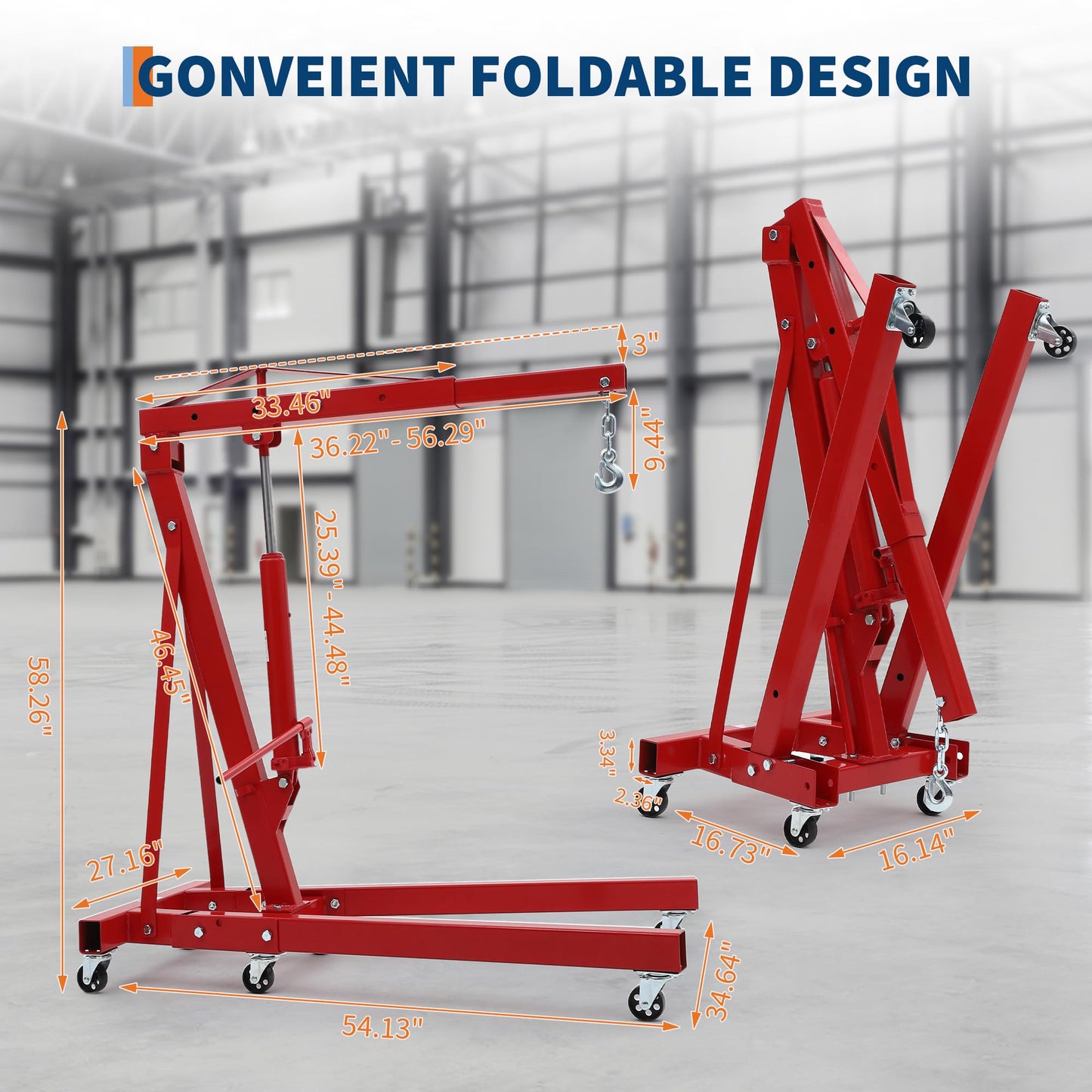 2 Ton Engine Hoist, 4400Lbs Heavy Duty Folding Cherry Picker Engine Lift with 6 Casters, Hydraulic Shop Crane Lifter Cherry Picker for Garage, Workshop, Factory, Red
