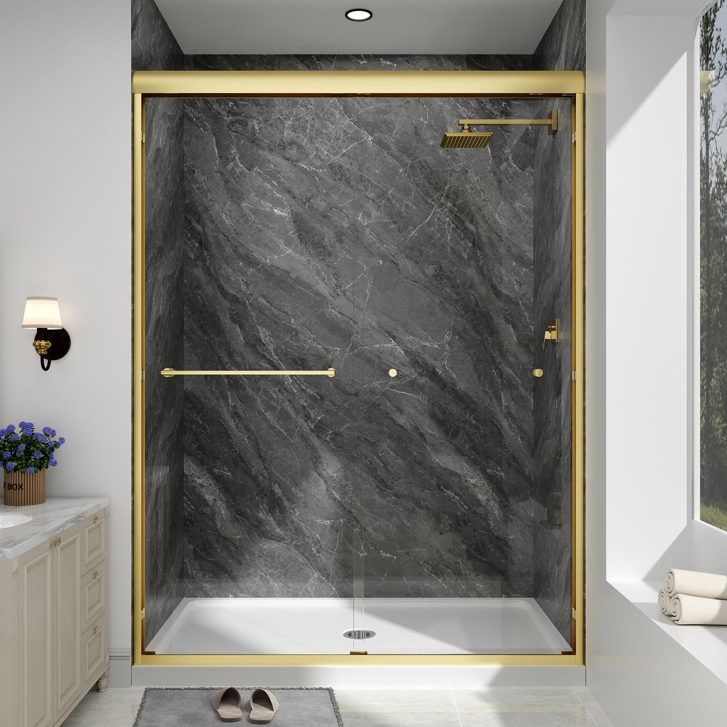EASYWORC Double Sliding Shower Door, 49"-54" W x 70" H Semi-Frameless Glass Shower Door, 1/4'' (6mm) Clear SGCC Tempered Glass with Explosion-Proof Film and Nano Coating, Brushed Gold