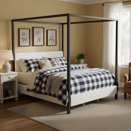 Merax King Size Modern Canopy Bed Frame, Merax Black Metal Platform Bed with Bouclé Upholstered Headboard, Four-Poster Design Wooden Slats Support Bedroom Bed Frame