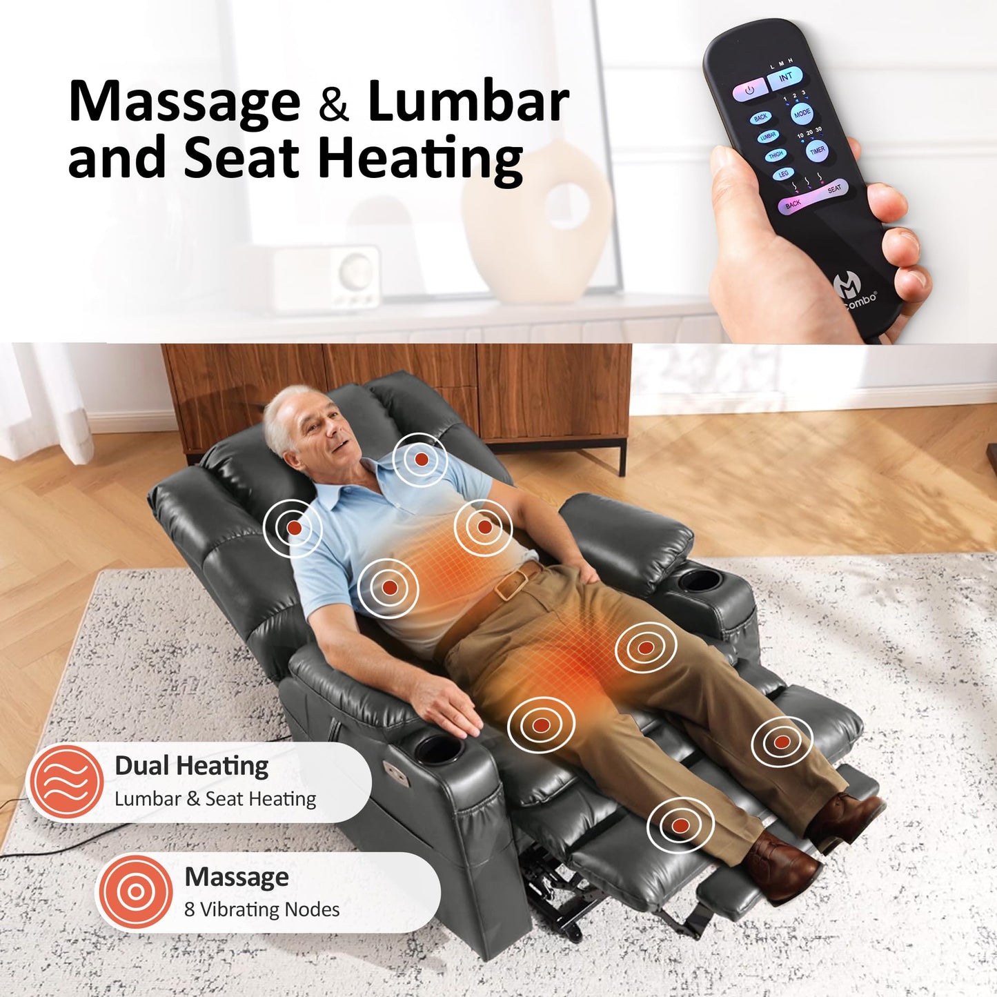 MCombo Large Triple Motor Power Lift Recliner Chair with Massage and Dual Heating, Adjustable Headrest for Tall Elderly People, Faux Leather 7634 (Dark Grey, Large)