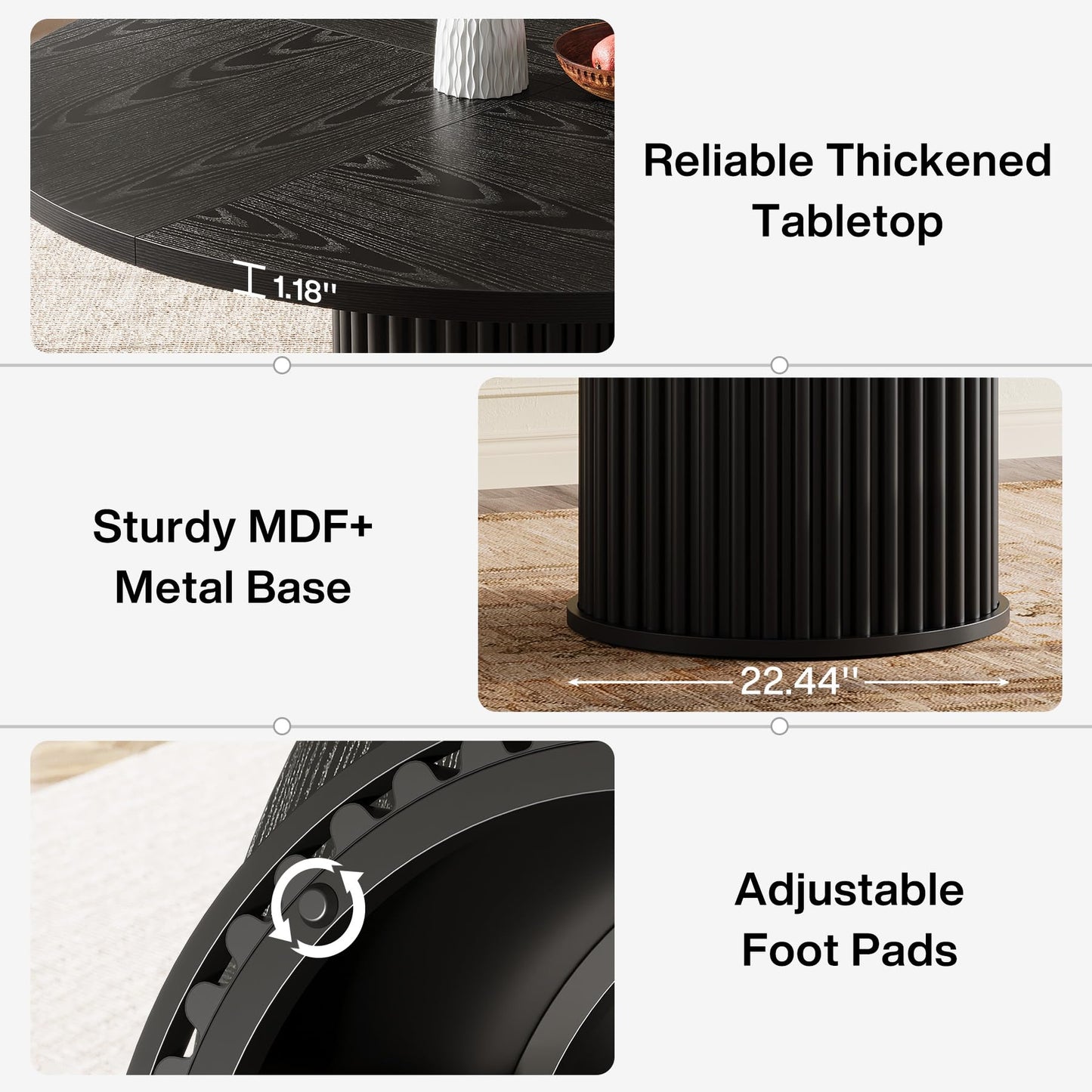 Tribesigns 47.24-Inch Black Round Dining Table for 4-6 People, Modern Fluted MDF + Metal Base Kitchen Table, Sturdy Circle Dining Room Furniture, Black