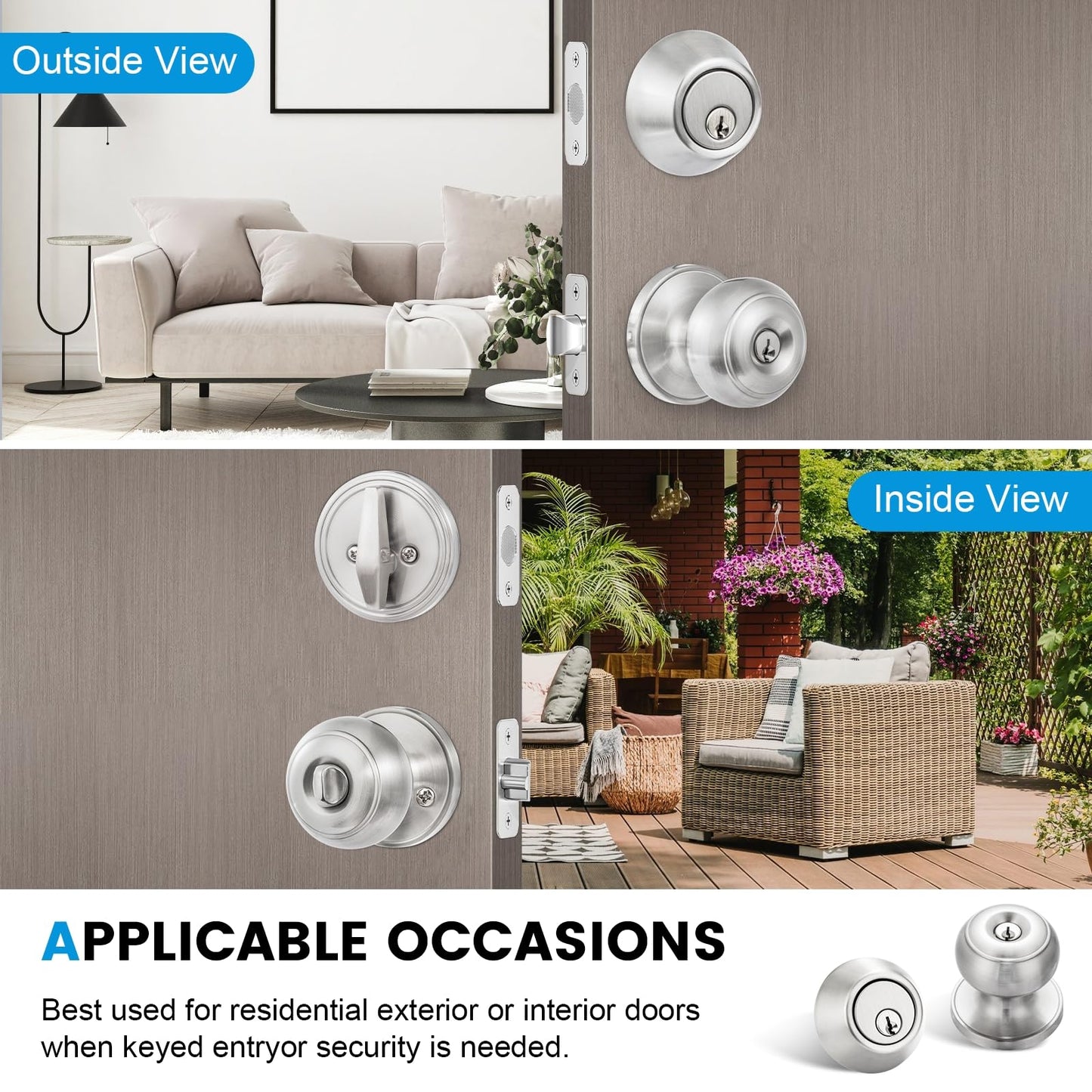 Plustool 4 Pack Exterior Door Lock Set, Satin Nickel Door Knob and Deadbolt Combo Set, Keyed Alike Entry Door Knobs with Lock&Keys, Round Ball Door Locksets with Deadbolt for Entrance and Front Door