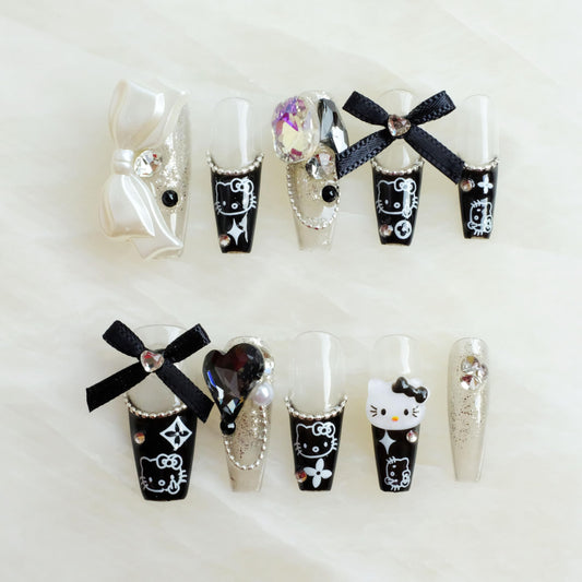 [GLORS] Purly Handmade Long Ballerina Press on Nails | Black False Nail with Cute Kitty | Salon Quality in Long Coffin Nail (S, LC)