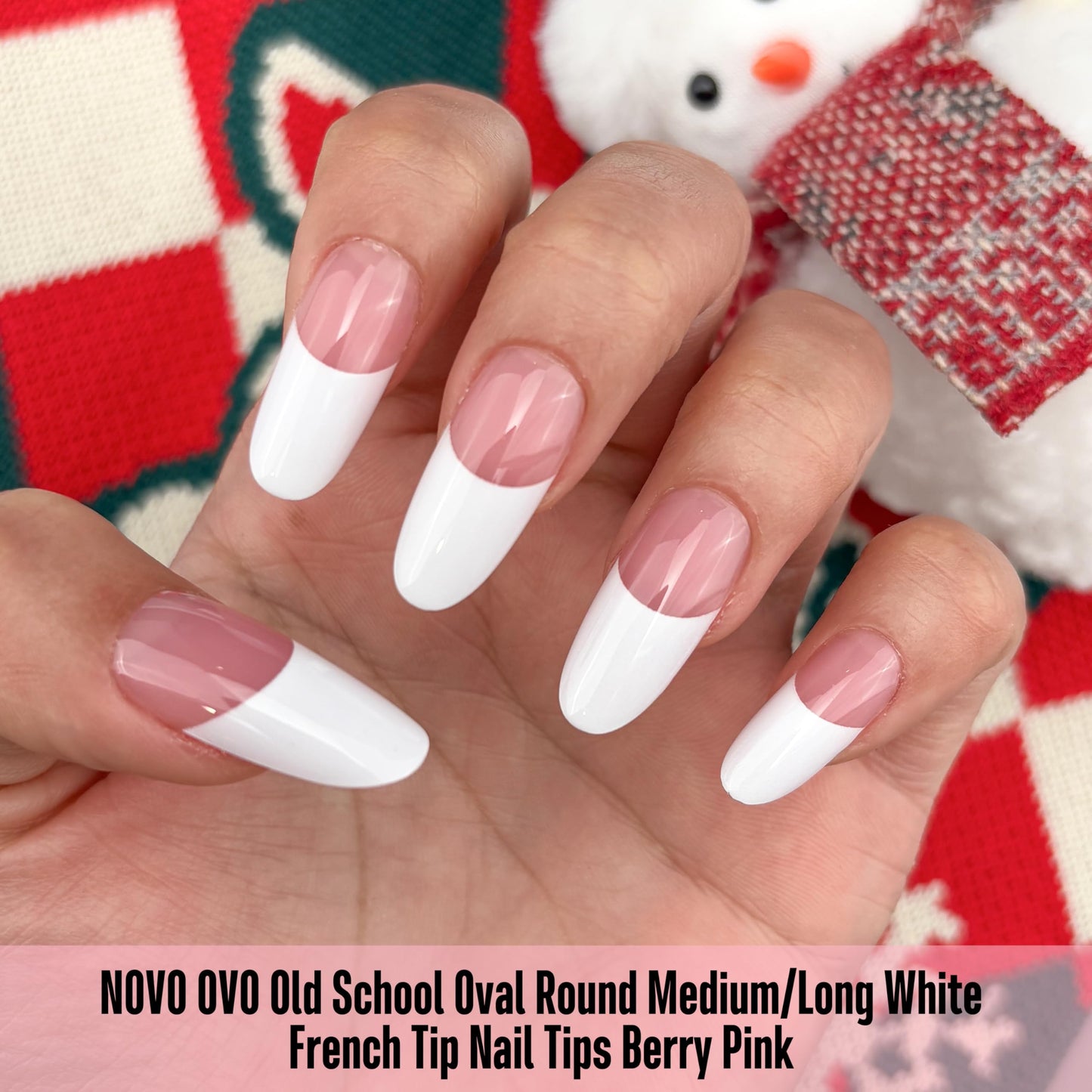 NOVO OVO Old School Oval Round Medium Long White French Tip Nail Tips Press on BERRY PINK, Extra Thick Soft Gel Fake Nail Acrylic Extension,Need Builder Gel Top Coat,No Glue Included,15 Sizes 240 pcs