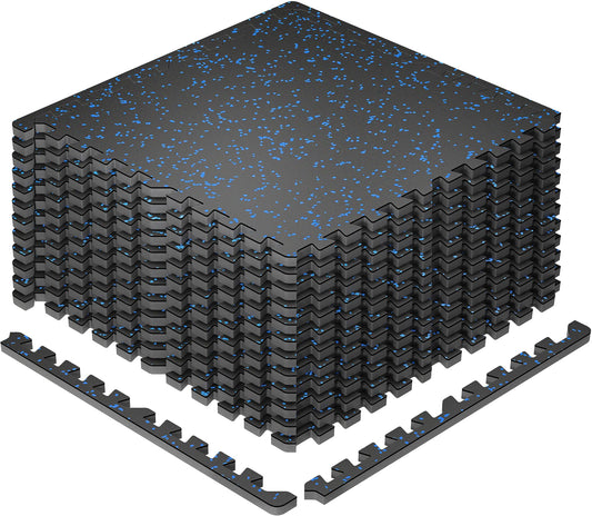 SUPERJARE 0.79'' Extra-Thick Exercise Equipment Mats, 12 Pcs 48 Sq Ft Rubber Top Floor Tiles with High Density EVA Foam, Interlocking Gym Flooring for Home Gym, Workout Mat, Black/Blue