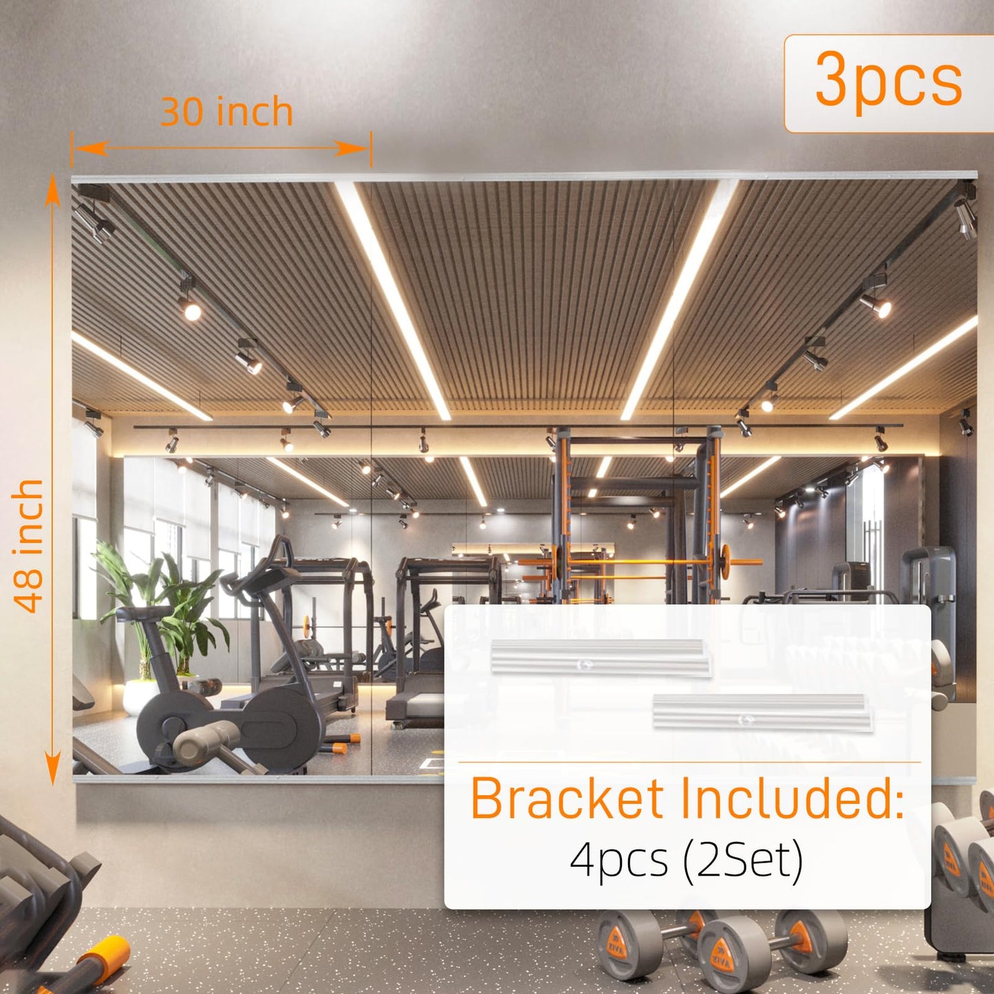 pertetey Home Gym Mirror, 48X30 Inch(Each)-3Pack Wall Mounted Large Frameless Tempered Glass Mirror, Idea for Gym, Yoga, Bedroom, Dance Studio, Living Room