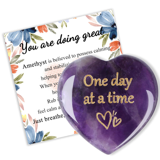 QINJIEJIE Amethyst Crystal Heart Stones One Day at A Time Thinking of You Gifts for Anxiety Relief Items You Got This Inspirational for Best Friend Purple Heart Gifts Valentine's for Women