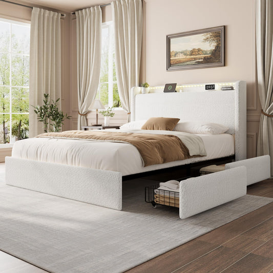Full Size Boucle Bed Frame with LED Light and Charging Station, 4 Storage Drawers, Storage Headboard, Upholstered Platform Full Bed with Wooden Slats, No Box Spring Needed, Easy Assembly, White
