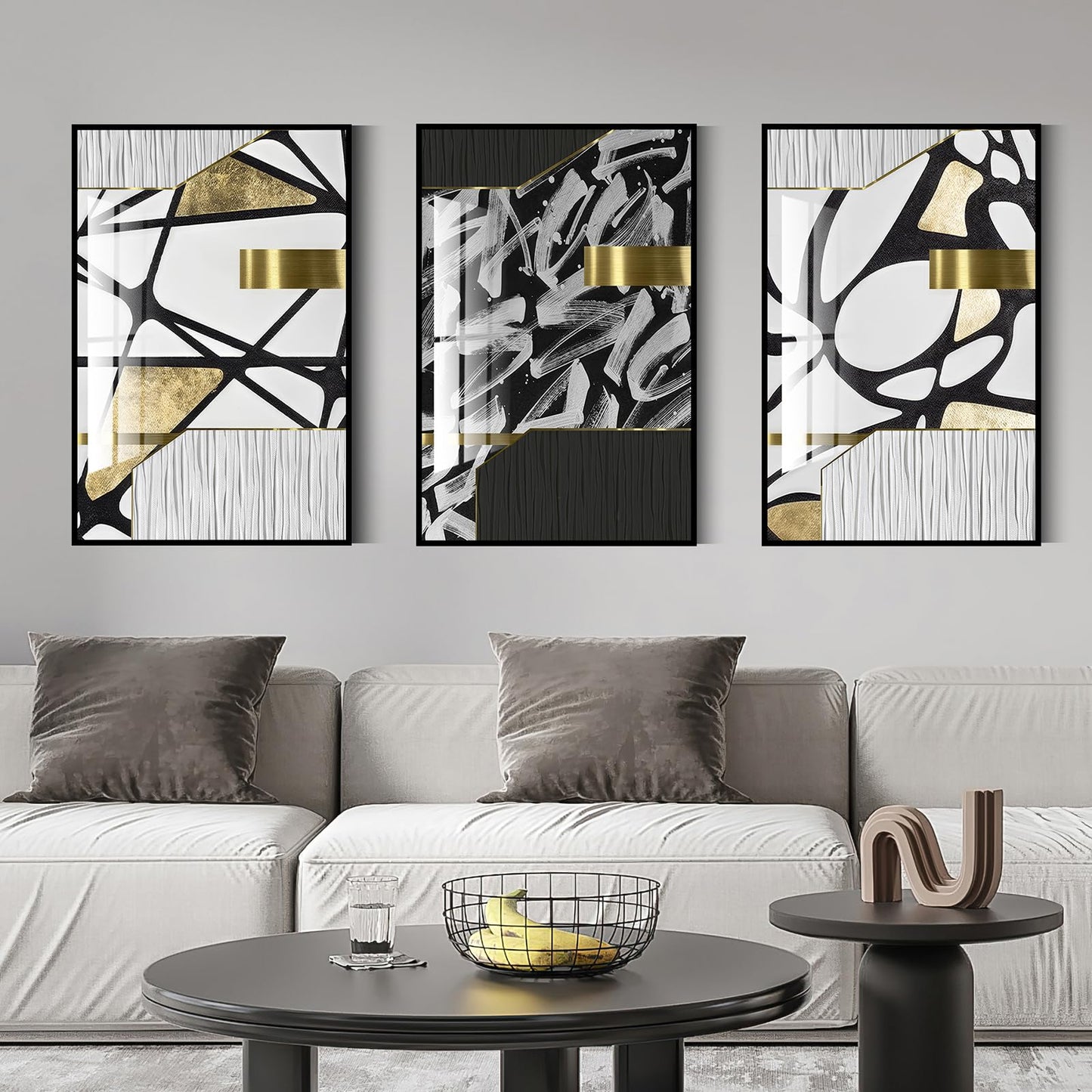 QKF large bright abstract geometric wall decoration, modern minimalist black and white wall art, suitable for bedroom, living room, bathroom, office, home poster printing 20 "X 28" inch 3-piece set