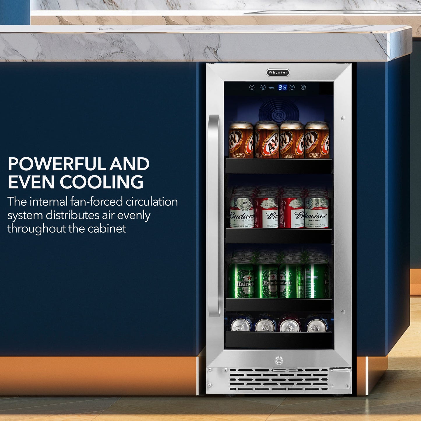 Whynter BBR-838SB Built-in Under Counter 15 inch Beverage Refrigerator and Cooler Fridge with Glass, Lock, Reversible Door, Digital Control and Carbon Filter, 3.0 cu. ft, Stainless Steel, 112 Capacity