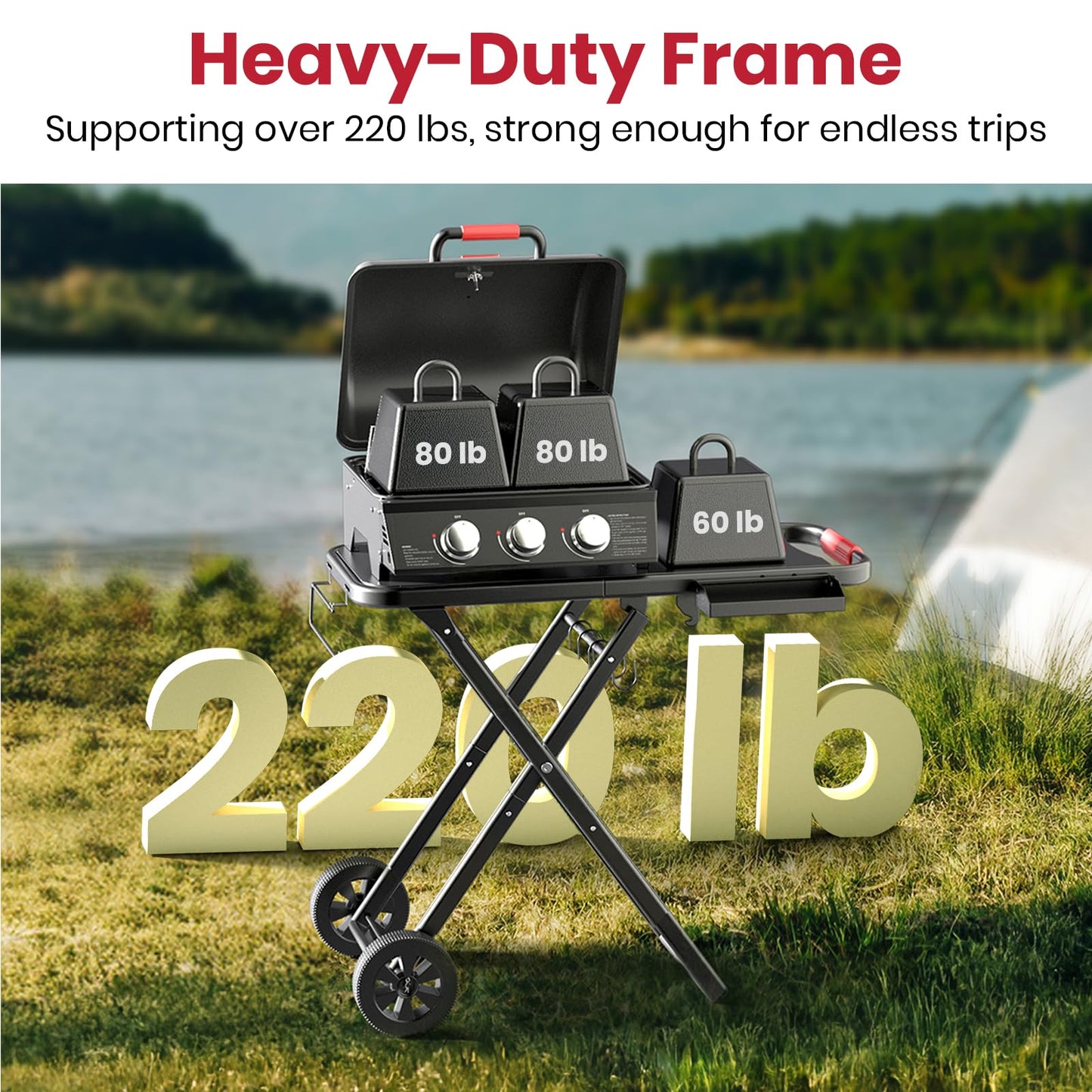 Laudlife 3-Burner Portable Gas Grill with 30,000 BTU, 320 SQ.IN Detachable Propane Grills, Non-Stick Porcelain Grate, Built-in Thermometer, Quick-Fold Design for Camping, Tailgating & Outdoor BBQ