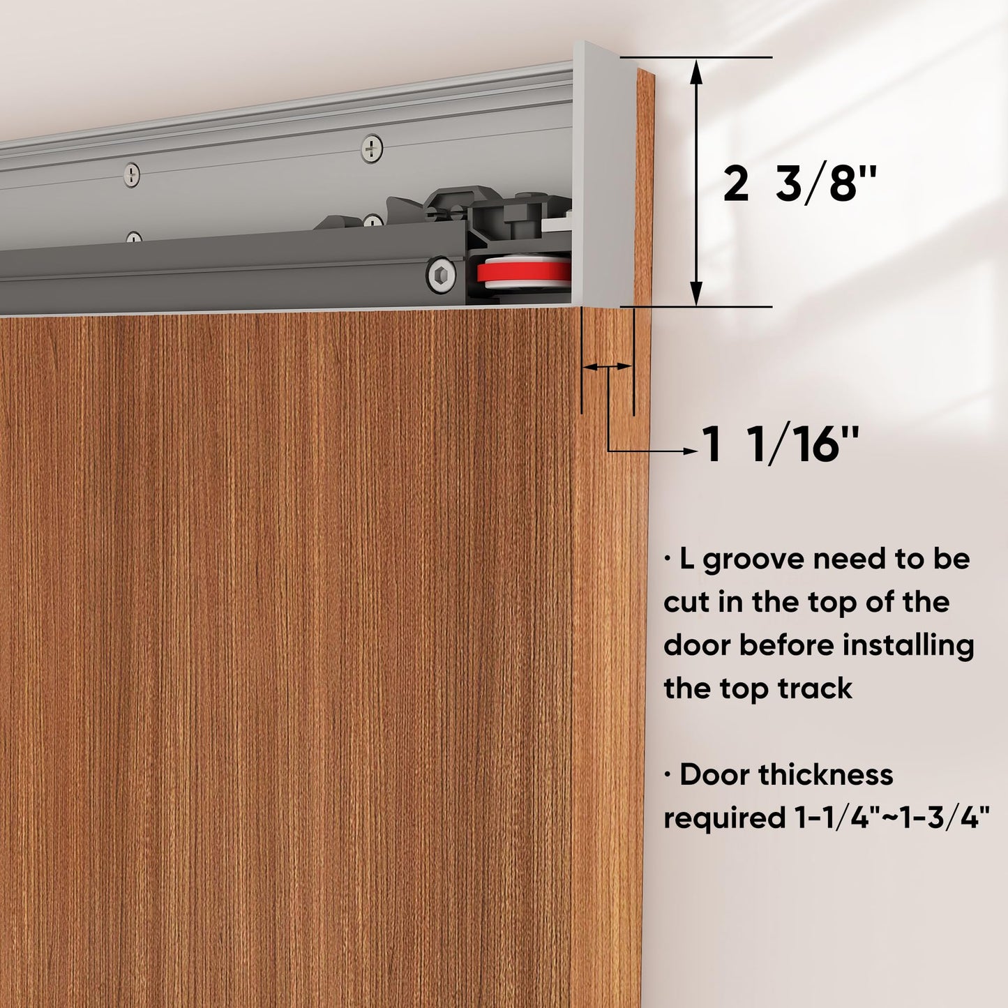 JUBEST 48" Concealed Barn Door Hardware Kit with Soft Close Mechanism, Wall Mounted Invisible Sliding Door Track for Opening Width 40" to 44", Hidden Barn Door Hardware Kit, Door Needs Groove