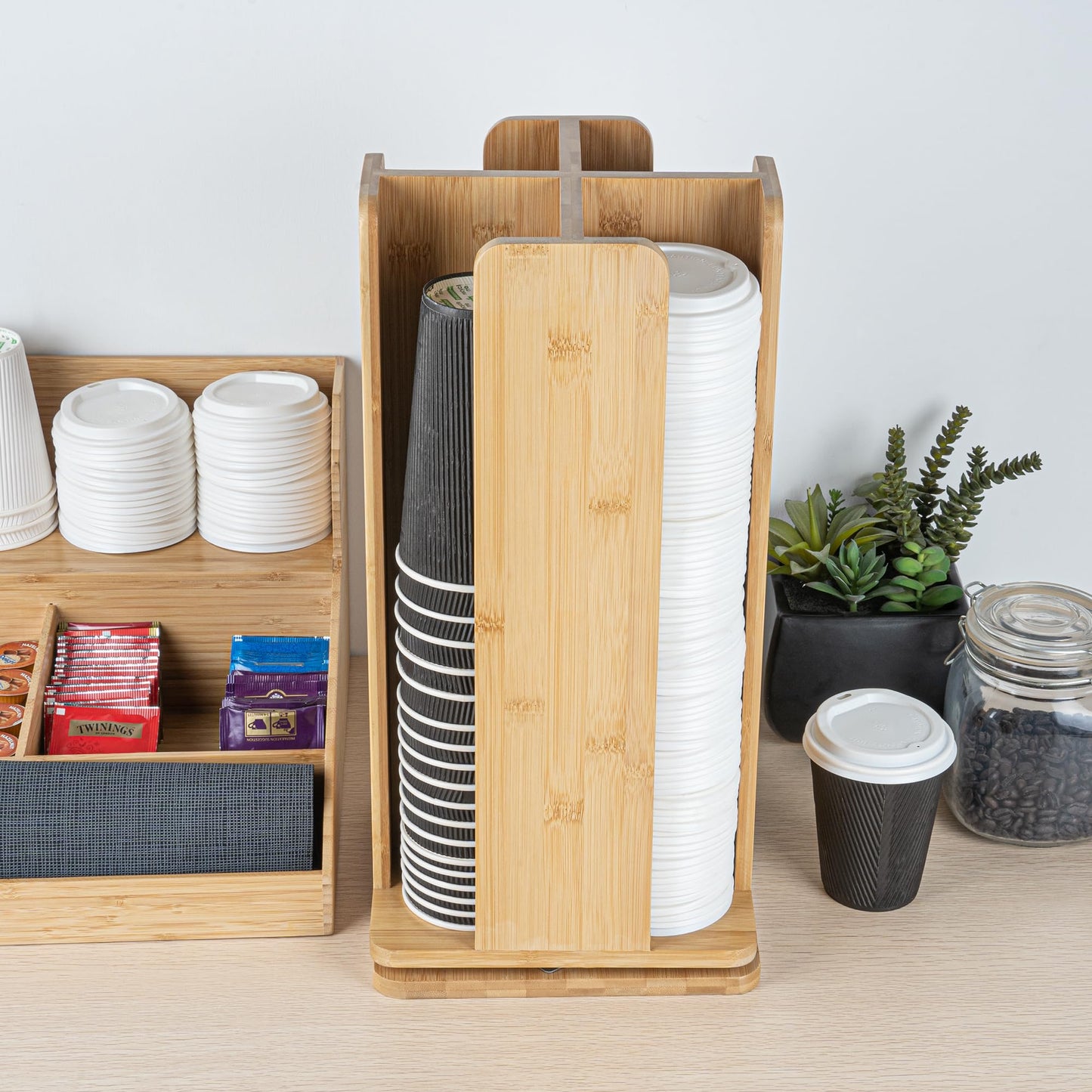 Restaurantware Restpresso 9 x 18 Inch Coffee Cup and Lid Organizer 1 Revolving Cup and Lid Holder - 4 Section Countertop Natural Bamboo Cup and Lid Dispenser For Restaurants Homes or Offices
