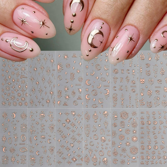12 Sheets Rose Gold Nail Art Stickers, 3D Self-Adhesive Sun Moon Stars Designs Nail Sticker Acrylic Manicure Decals Decorations Accessory for Women Girls