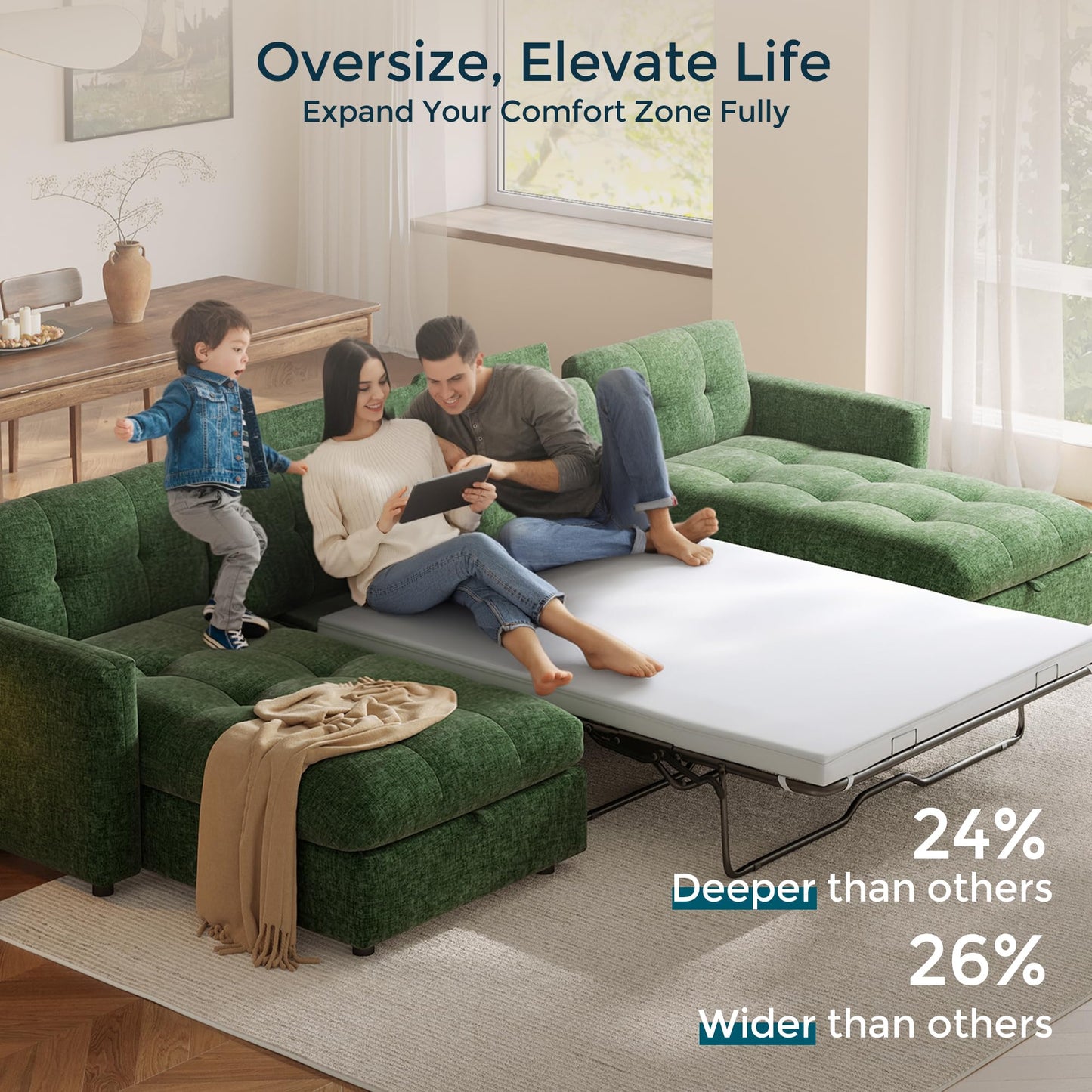 LINSY Oversized Sectional Sleeper Sofa 118" Pull Out Couch with Storage Chaise, Convertible Sofa Bed with Memory Foam Topper, Comfy L Shaped Couches for Living Room Apartment Dorm Room, Green