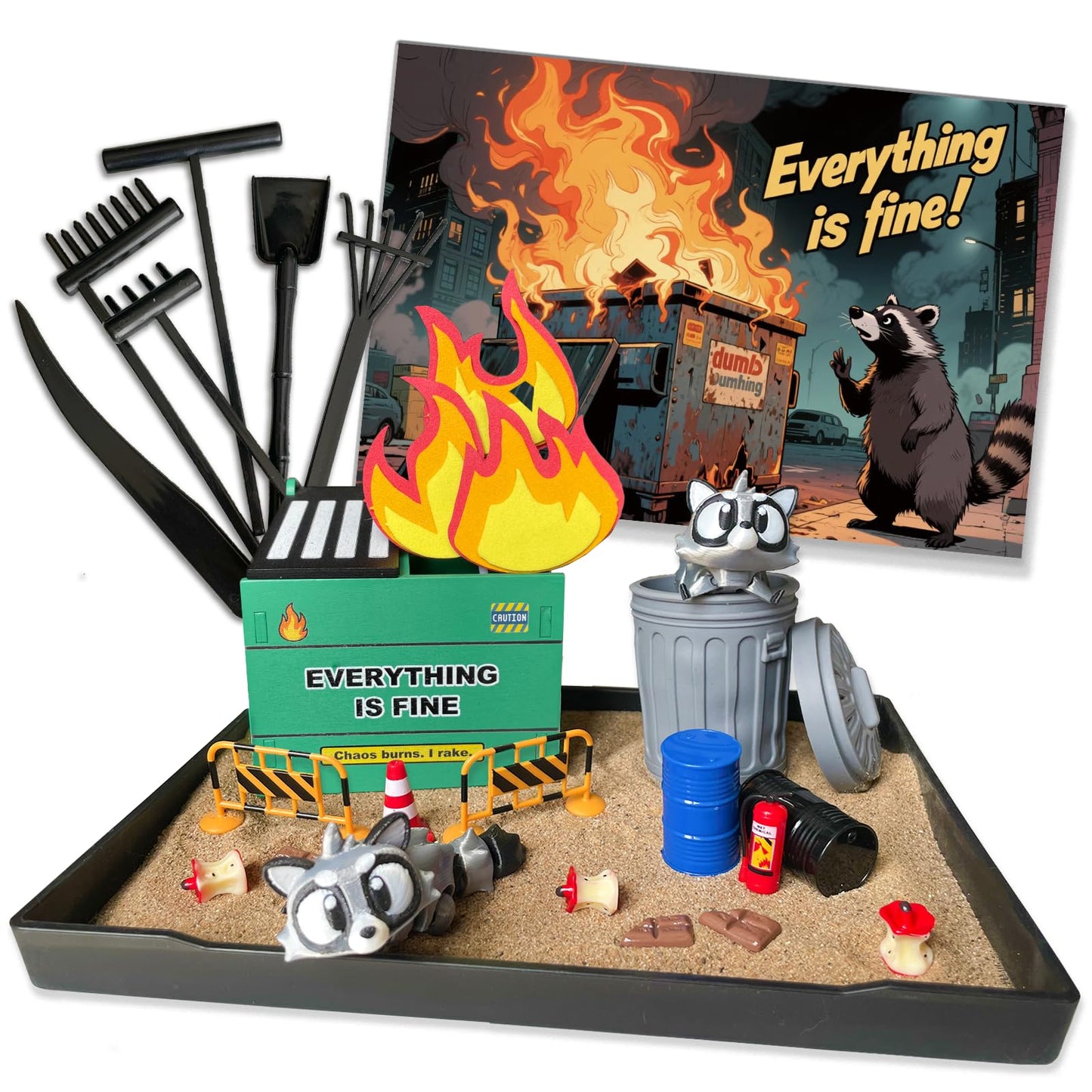 Threeheng Dumpster Fire Zen Garden Desk Set - Trash Can & Raccoon Figurines Sand Tray Therapy Kit, Stress Relief Accessories for Office Gifts