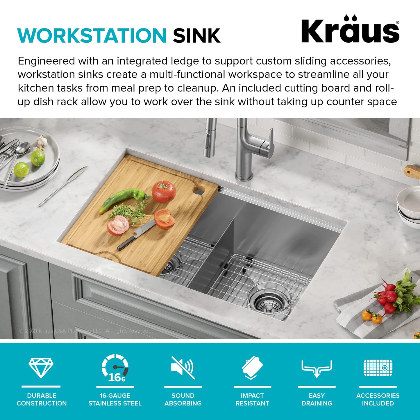 KRAUS Kore Workstation 30-inch Undermount 16 Gauge Stainless Steel Kitchen Sink, Double Bowl Kitchen Sink with Accessories, KWU112-30