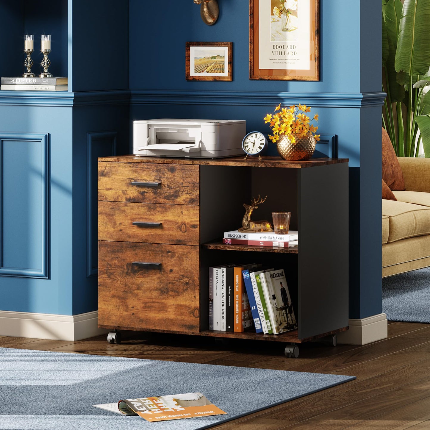 DEVAISE 3 Drawer Mobile File Cabinet, Wood Lateral Filing Cabinet, Printer Stand with Open Shelves for Home Office, Rustic Brown