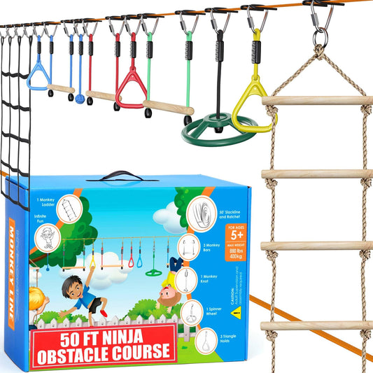 Hyponix Ninja Warrior Obstacle Course for Kids – 2 x 50 ft Slackline with 10 Outdoor Ninja Obstacles, Supports 880lbs – Monkey Net, Ratchet-Tight Tech, Climbing, Swinging & Balance Training, Ages 3+