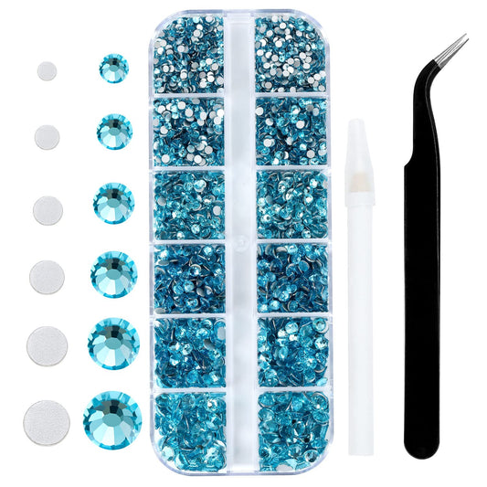 Meibite Aquamarine Glass Flatback Rhinestones for Nails, Crafts & Clothes – 4240PCS 6 Sizes (SS6–SS20) Crystal Gems Kit with Tweezers & Picker, Non Hotfix DIY Rhinestones for Tumblers, Shoes, Nail Art