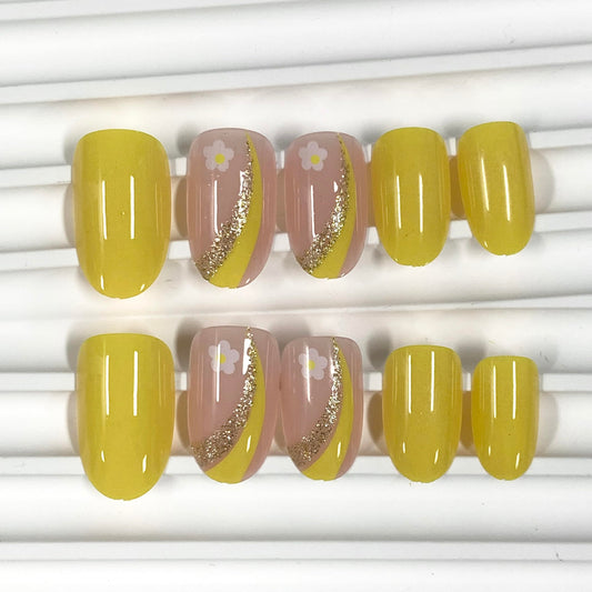BABALAL Press on Nails Short Oval - Yellow Fake Nails, Flower & Sparkly Glitter Bling Swirl Design, Summer Spring Full Cover Acrylic False Nails for Women Girls