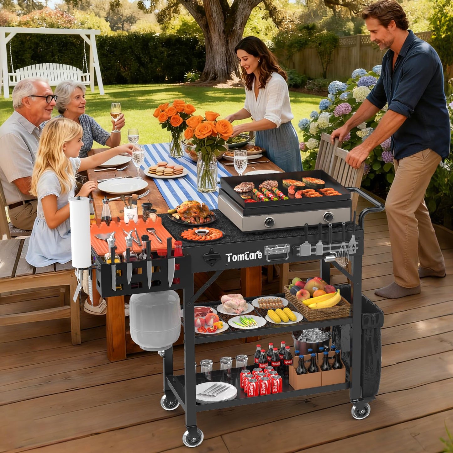 TomCare Grill Table with 3-Tier Storage Shelves Lockable Wheels Grill Cart with Silicone Grill Mat Heavy Duty Outdoor Tabletop Griddle Stand Holds 500Lbs Fits 22” Blackstone Ninja Cuisinart BBQ Grill