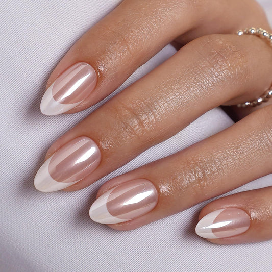 Pink Chrome French Tip Press On Nails - GJZEZ Soft Gel Short Almond Cute Spring Glazed Donut Aurora Pearlescent Fake Nail Gifts for Bridal, Salon Quality Reusable Nail | 16 Sizes - 32 pcs, Blush Glow