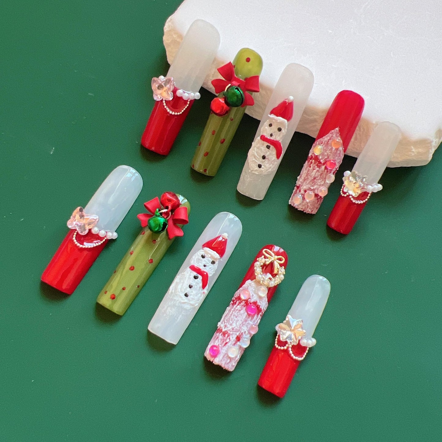 NAIL ANGEL 10PCS/SET Glamorous Handmade Press On Nails Christmas Xmas Holiday Bell Snowflake French Style Long Coffin Nails Party Nails XXL Long Artifical Tips ZJ14 (ZJ14, M)