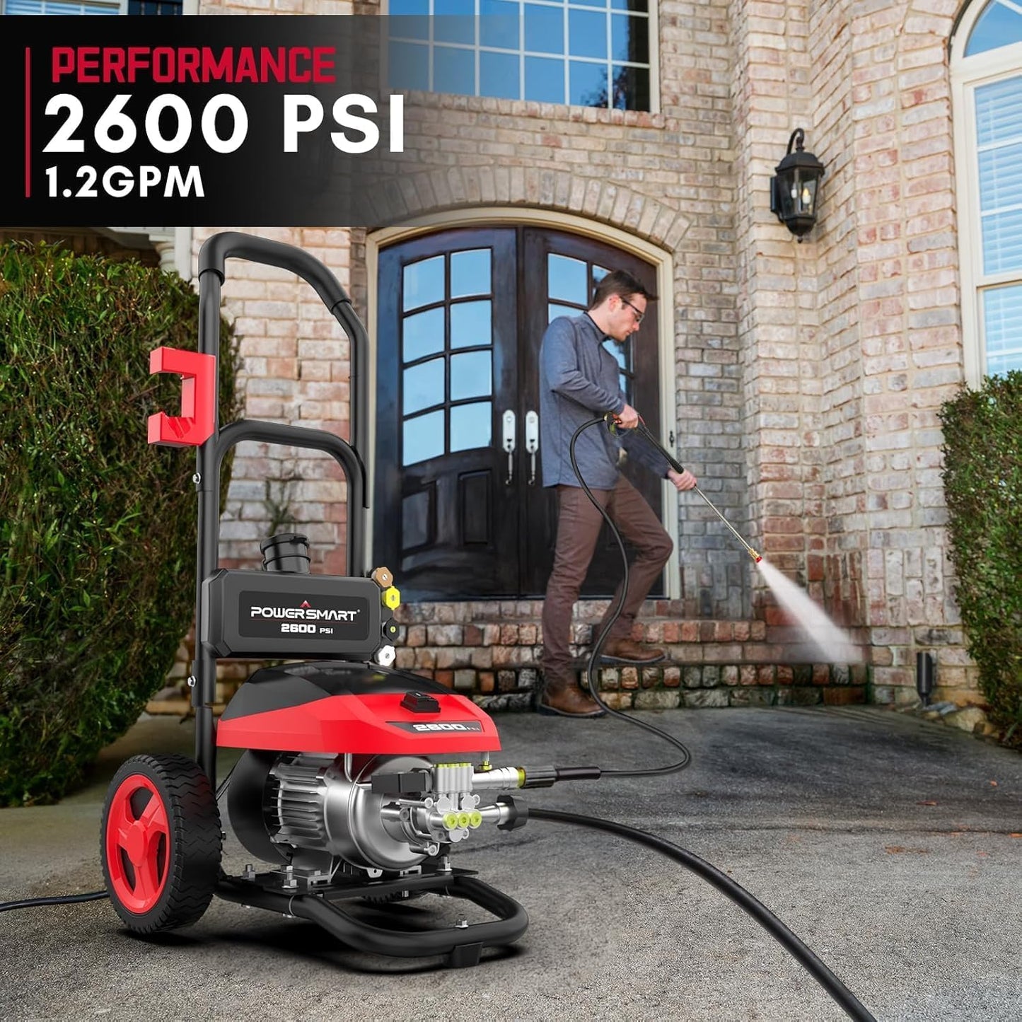 PowerSmart DB1002 2600 PSI Electric Pressure Washer with Induction Brushless Motor, 1.2 GPM High Pressure Cleaner, 5 Nozzles, 8” Wheels, Detergent Tank, for Car, Patio, Fence, Driveway Cleaning