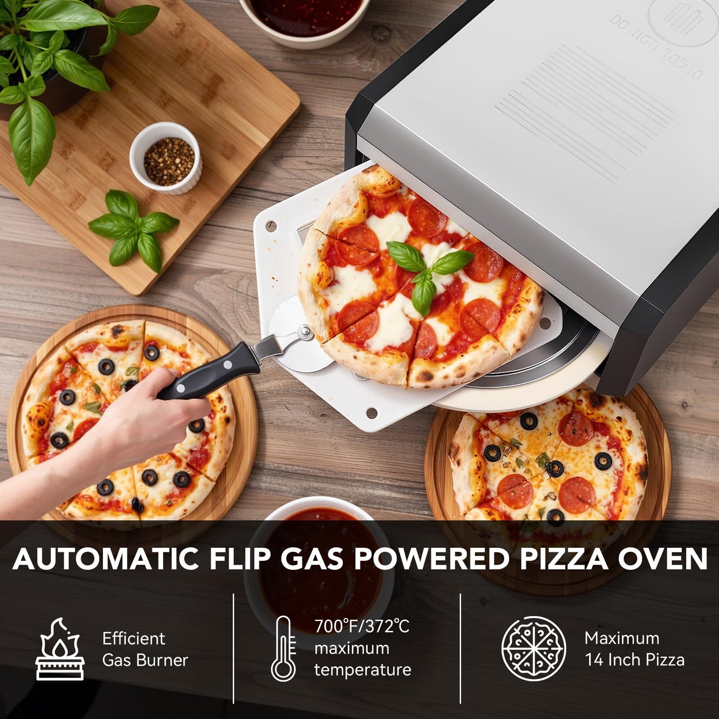 Pizza Oven, with 14" Pizza Stone and Legs,Automatic Rotation Function Outdoor Gas Pizza Ove, Carbon Steel Material,Maximum Temperature of 700°F, for Camping, Parties and Backyard Barbecues,Outdoor