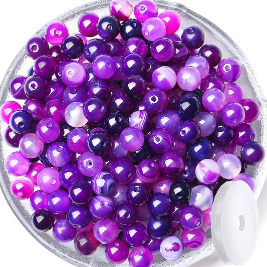QINJIEJIE 100PCS Purple Stripe Carnelian Beads 8mm Natural Beads Round Loose Gemstone Bead for Bracelet Beading Crystal Jewelry Making DIY Necklace Earrings 0.32"