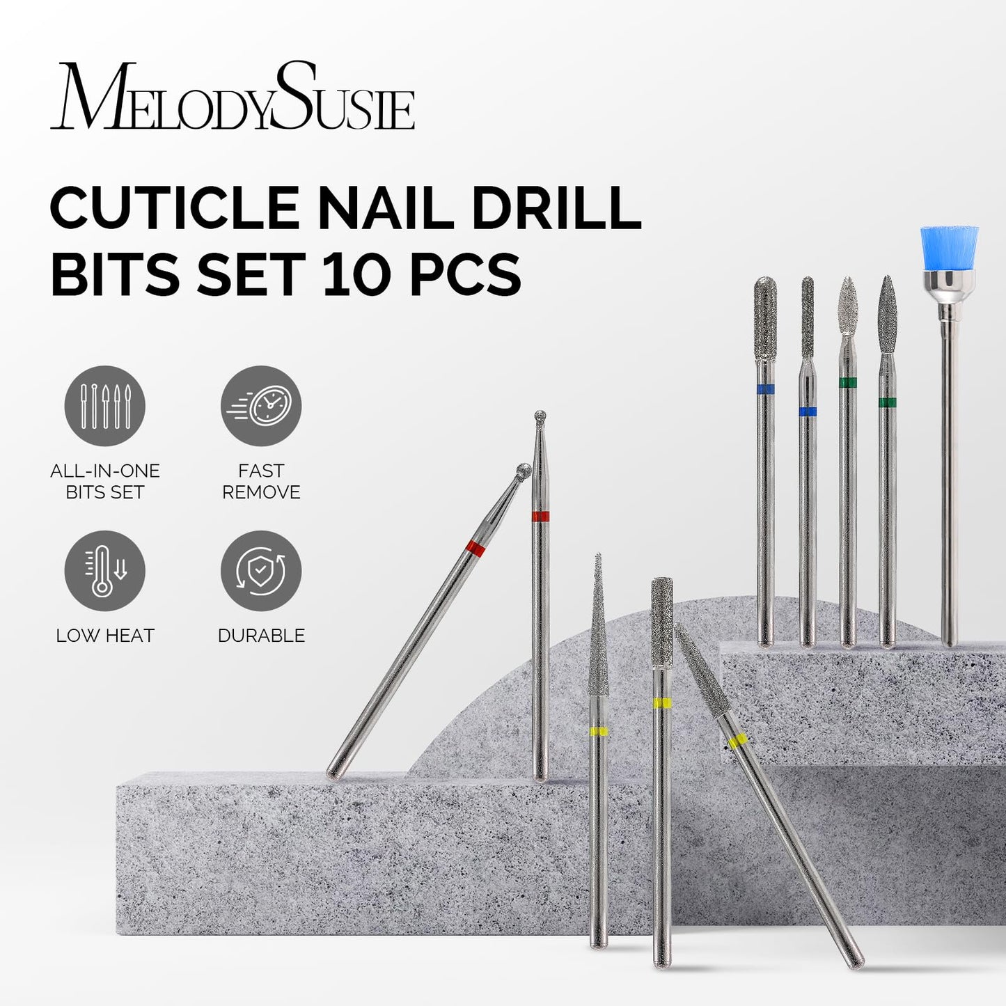 MelodySusie Semi Cured Gel Nail Strips (Chrome)- Works with Nail lamp and MelodySusie 10pcs Nail Drill Bits Set, 3/32 Inch Diamond Cuticle Nail Bits Kit for Nail Drill E-File