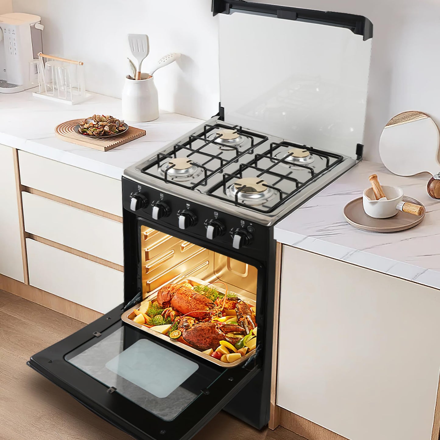 Gas Range with Double-Layer Glass Door, 4 Burners, Cast Iron Rack, 60L Capacity, Dedicated LPG