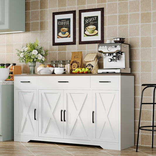 GAOMON Buffet Cabinet with Drawers, 55inch Wood Coffee Bar Large Sideboard Buffet Storage Cabinet with Shelves and Doors for Kitchen Dining Living Room,White/Rustic