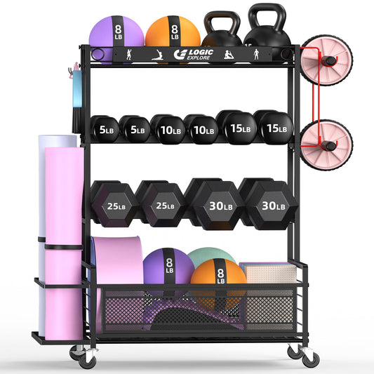 Logicexplore Dumbbell Rack Weight Storage Stand, Adjustable Weight Rack with Wheels, Metal Workout Equipment Storage Organizer, Home Gym Storage Organizer for Dumbbells, Kettlebells, Yoga Mat, Foam Roller