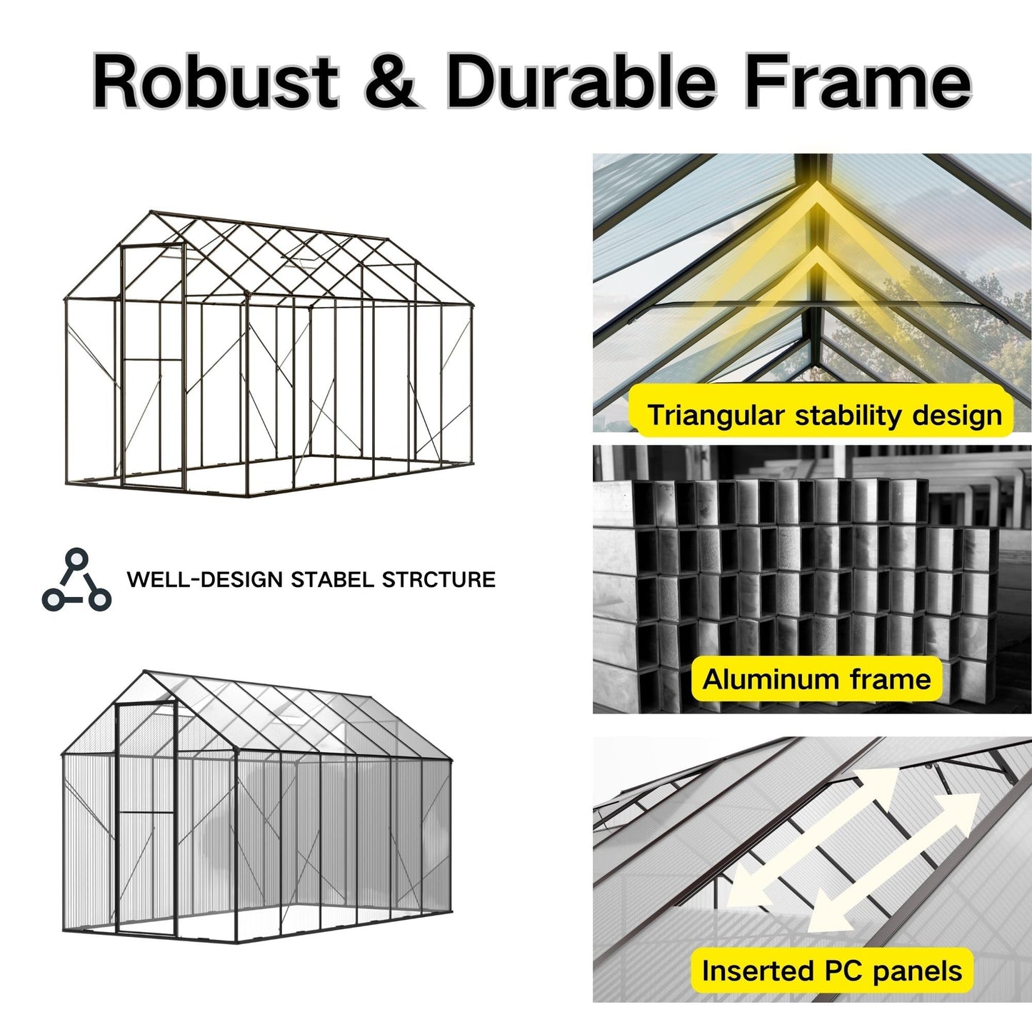 Kingdura 6x12ft Walk-in Greenhouse for Outdoors, Large Polycarbonate Greenhouses with Heavy Duty Aluminum Frame, Adjustable Roof Vent, Lockable Door, UV Protection for Outside Garden Backyard