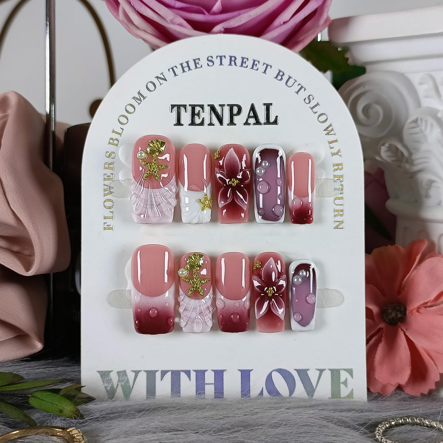 TENPAL Handmade Press on Nails Medium Coffin-Nude Pink Wine Ombre Fake Nails with 3D Teardrop Metal & Ocean Floral Design,Blushing Acrylic Glossy False Nails with Crystal Y2K Style For Women Girls(S)