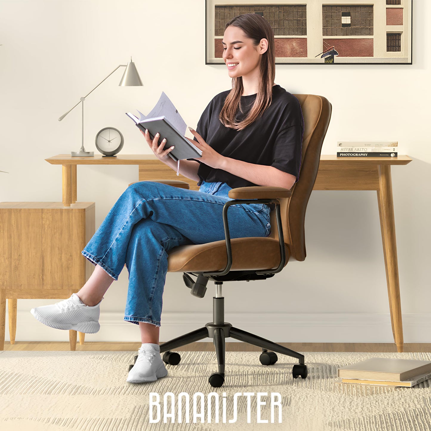 Bananister Brown Leather Office Desk Chair with Wheels and Arms, Height Adjustable, Vintage, Mid Century Modern Style